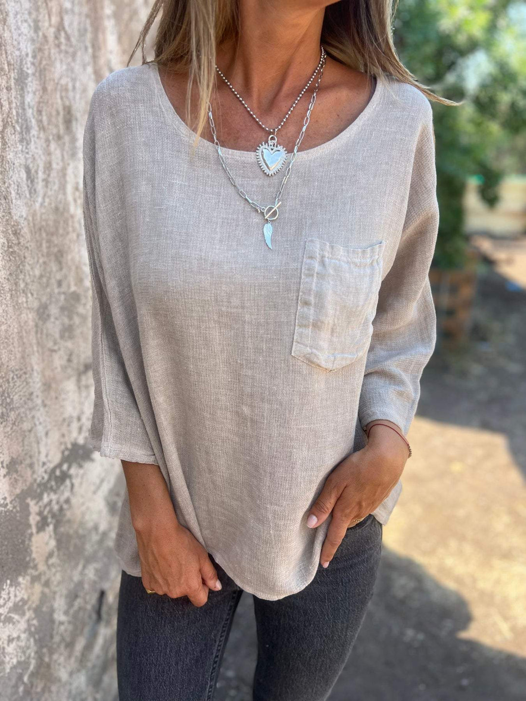 Damen lässige Leinenbluse mit aufgesetzter Tasche Fudus