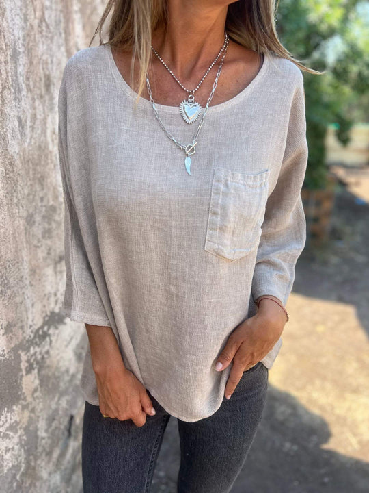 Damen lässige Leinenbluse mit aufgesetzter Tasche Fudus