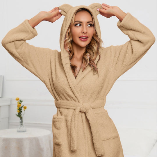 Damen Kuscheliger Fleece-Bademantel mit Kapuze und Ohren Fudus