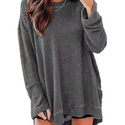 Damen Langärmliger Waffelstrick-Pullover mit offenem Schnitt und Seitenschlitzen Fudus