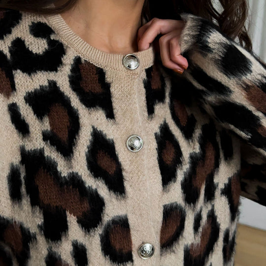 Damen kuschelige Leopardenmuster Strickjacke mit eleganten Knöpfen Fudus