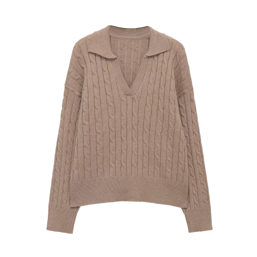 Damen Grobstrick Pullover mit V-Ausschnitt und Reverskragen Fudus