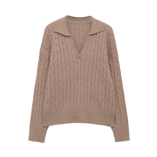 Damen Grobstrick Pullover mit V-Ausschnitt und Reverskragen Fudus