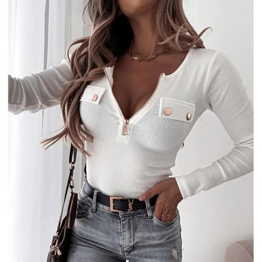 Damen Langärmliges Oberteil mit Zipper und Brusttaschen Fudus