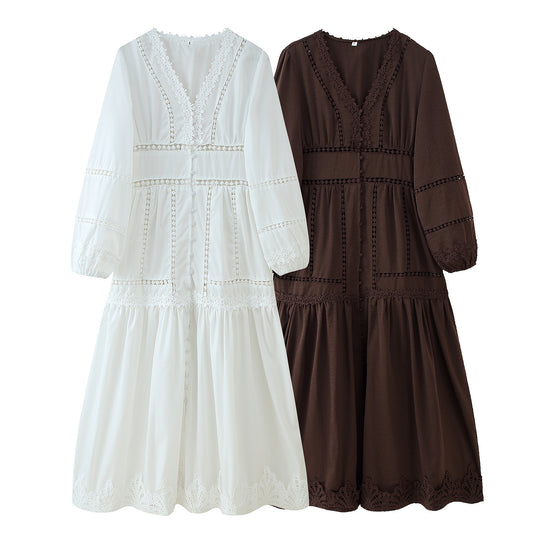 Damen langärmliges Maxikleid mit elegantem Spitzenbesatz und Rüschendetails Fudus