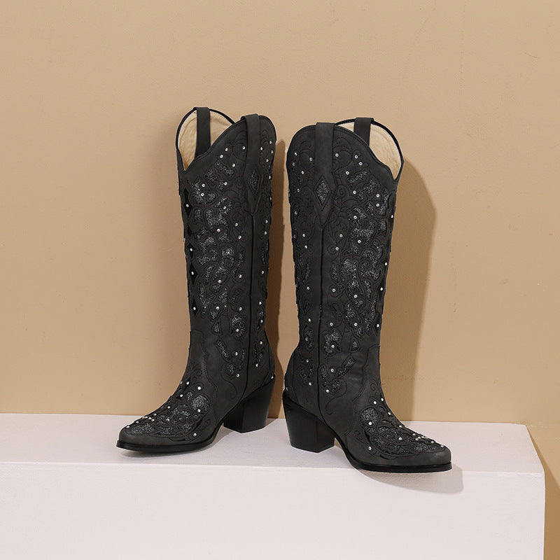 Stiefel Damen Knielang Western Stiletto Verziert