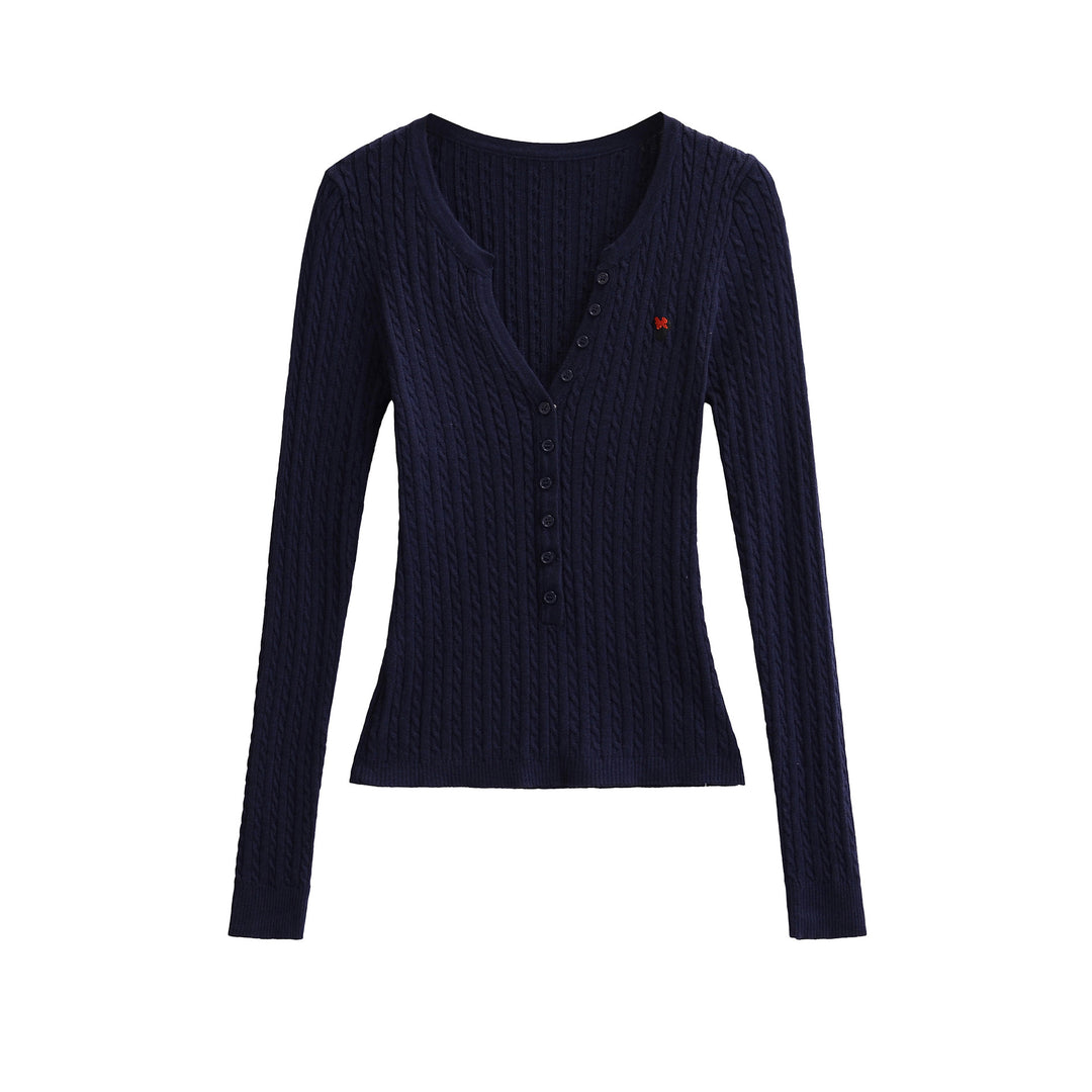 Damen Langarm Strickoberteil mit Knopfleiste und feinem Rippmuster Fudus