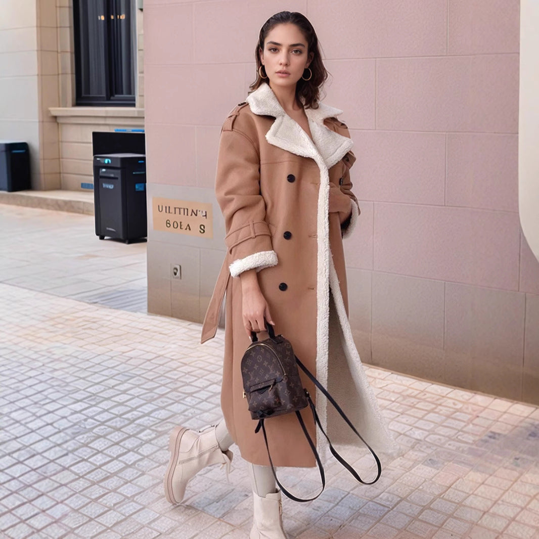 Damen Modischer Mantel im lässigen Schnitt mit Teddyfutter und Doppelknope Fudus