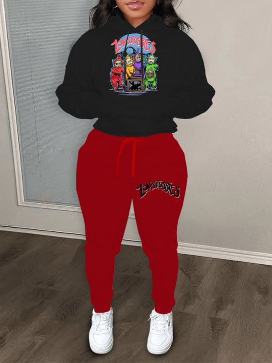 Damen Hoodie- und Jogginghose-Set mit farbenfrohem Comicdruck Fudus