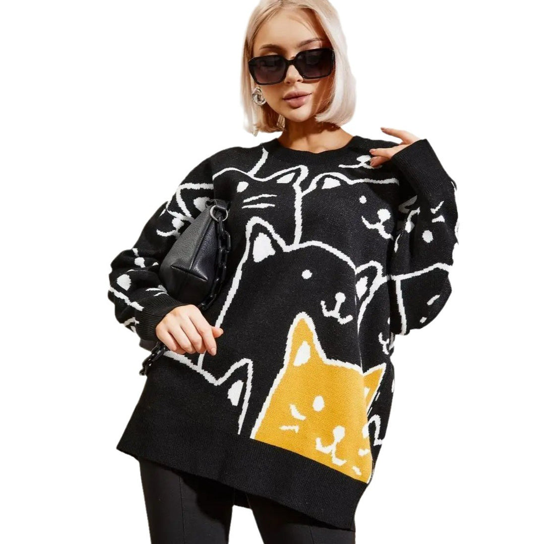 Damen Grobstrickpullover mit verspieltem Katzenmuster Fudus