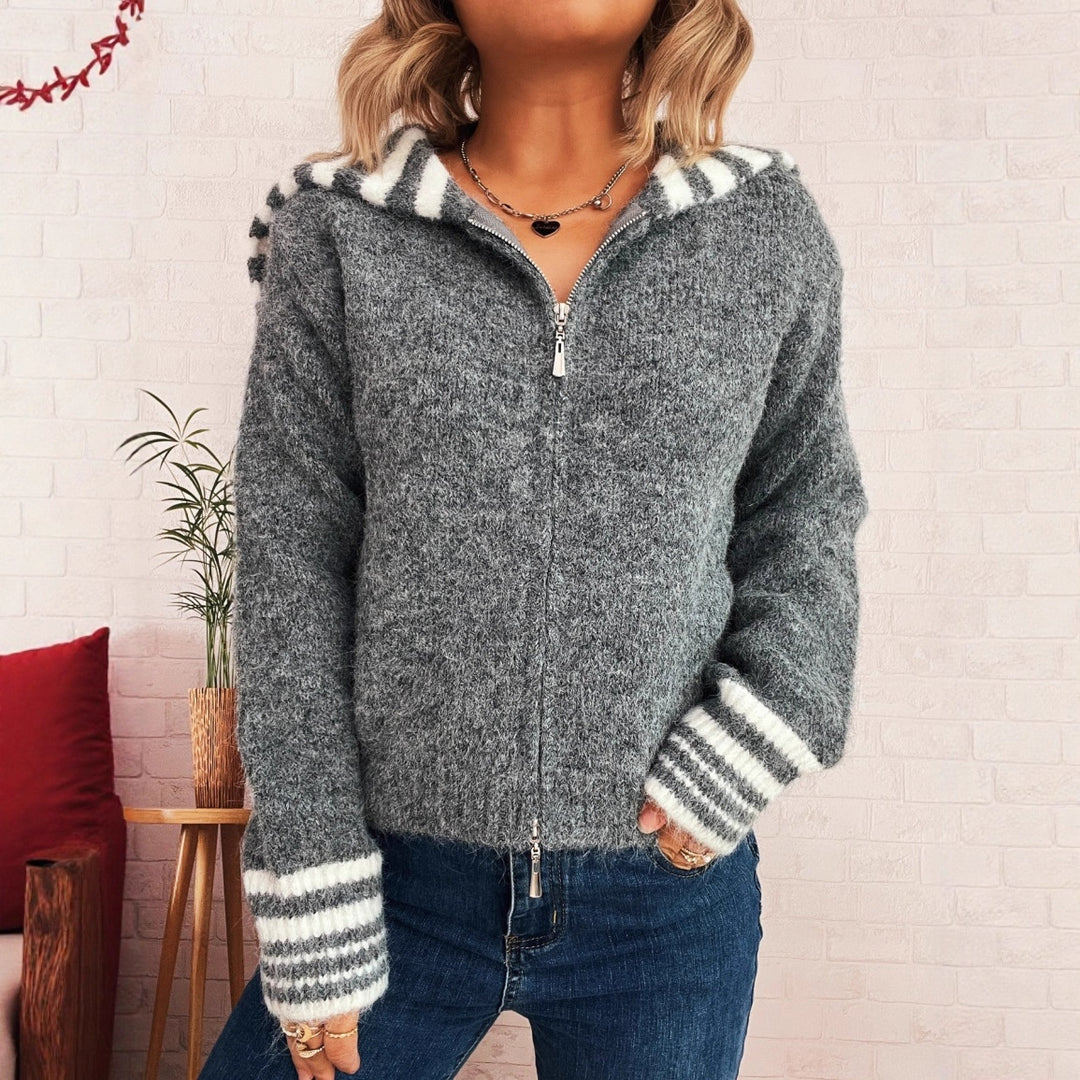 Damen kuschelige Strickjacke mit stilvollem Reißverschluss und modischen Streifen Fudus