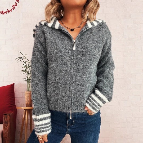 Damen kuschelige Strickjacke mit stilvollem Reißverschluss und modischen Streifen Fudus