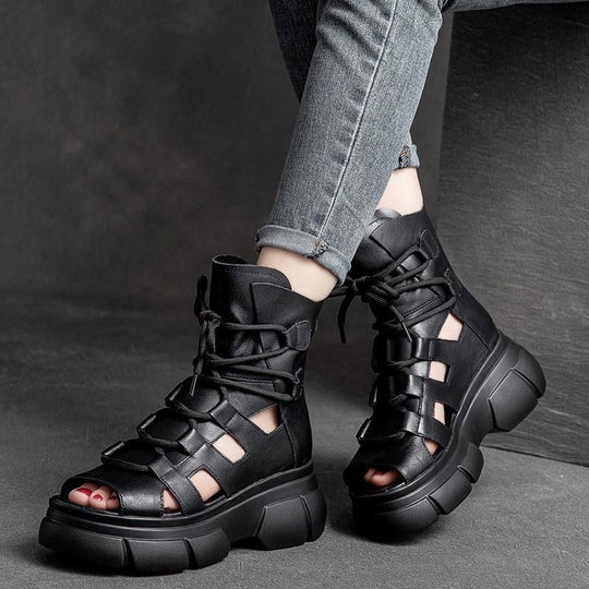 Damen Chunky Sandalen Offene Zehen Sportliches Schnürdesign Leder