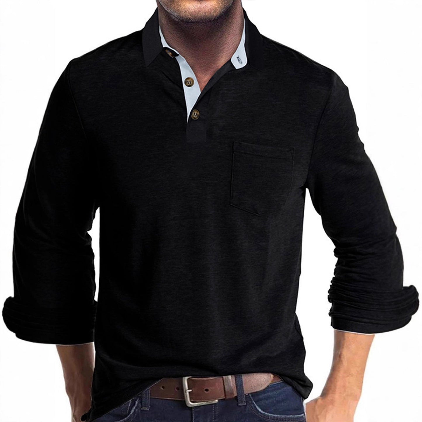 Herren lässiges Langarm-Polo mit innovativem Kragen-Design und praktischer Brusttasche Fudus
