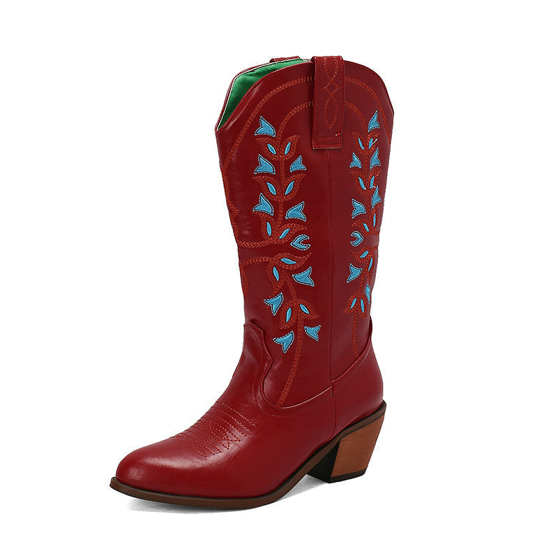 Damen elegante Western-Stiefel mit ausdrucksvoller Stickerei Fudus