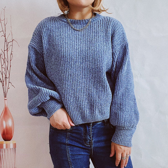 Damen Grobstrickpullover mit romantischem Rippenmuster und weiten Ärmeln Fudus