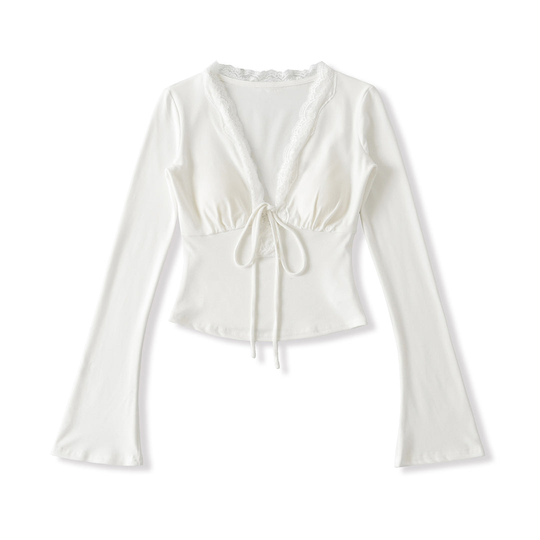 Damen langärmliges Oberteil mit Rüschendetails und eleganter Schnürung Fudus