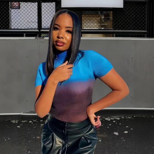 Damen Kurzarm-T-Shirt mit modernem Farbverlauf und hohem Kragen Fudus