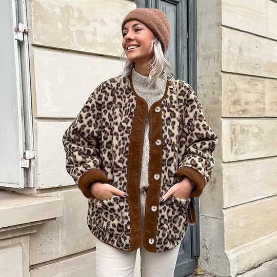 Damen Kuschelweiche Leopardmuster Jacke mit Knopfverschluss und hohem Kragen Fudus
