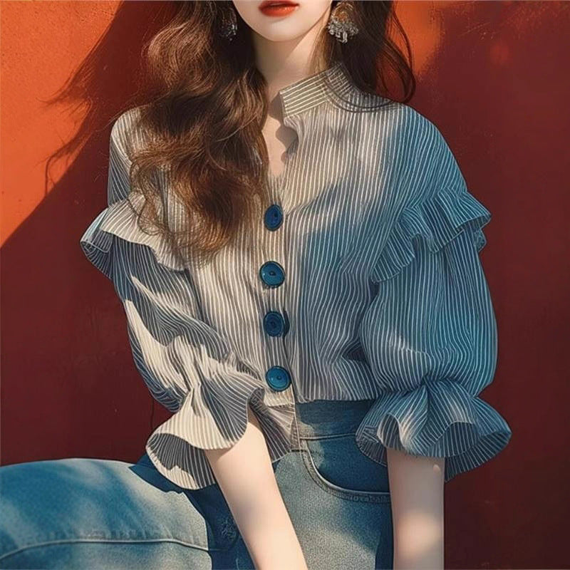 Damen Hemdbluse mit Rüschen und Knopfdetail Fudus