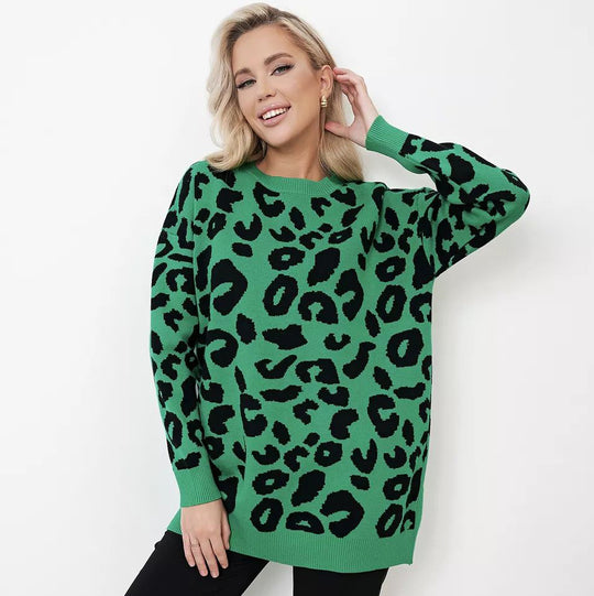 Damen Grobstrickpullover mit Leopardenmuster Fudus