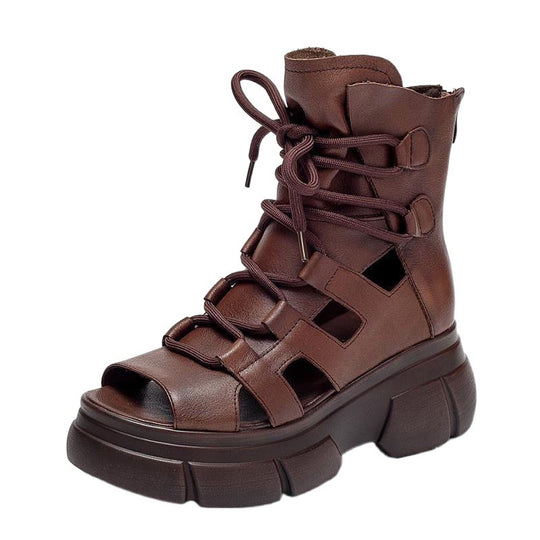 Damen Chunky Sandalen Offene Zehen Sportliches Schnürdesign Leder
