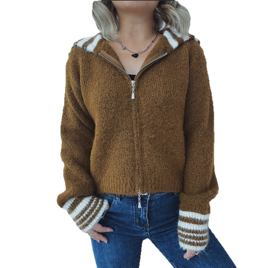 Damen kuschelige Strickjacke mit stilvollem Reißverschluss und modischen Streifen Fudus