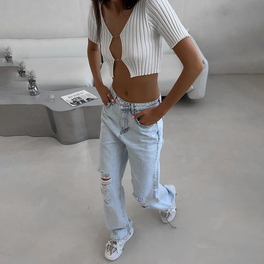 Damen lässige High-Waist Jeans mit ausgefransten Details Fudus
