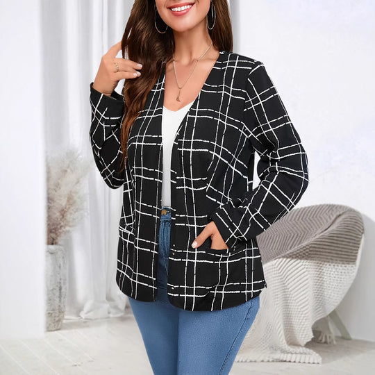 Damen lässige Blazerjacke mit Karo-Muster und Taschen Fudus
