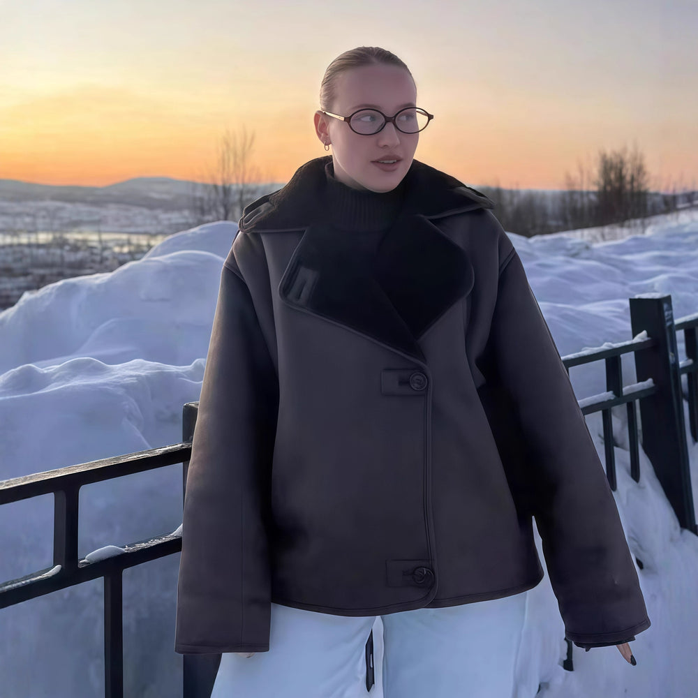 Damen lässige Oversized-Jacke mit luxuriösem Kunstfell Kragen Fudus