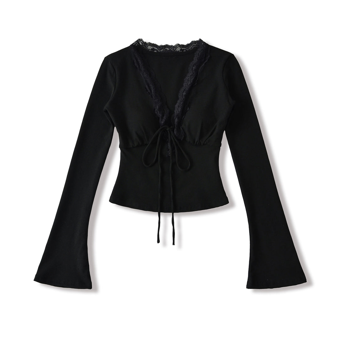 Damen langärmliges Oberteil mit Rüschendetails und eleganter Schnürung Fudus