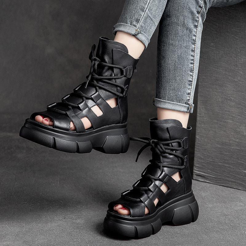 Damen Chunky Sandalen Offene Zehen Sportliches Schnürdesign Leder