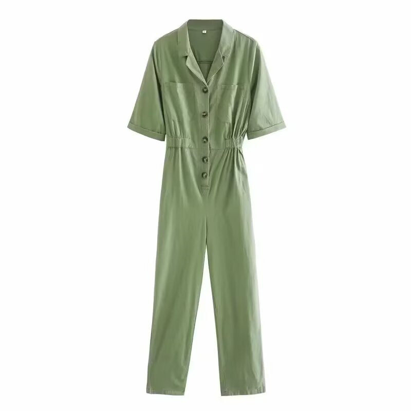 Damen Jumpsuit mit taillierter Elastikbund und praktischen Knopfdetails Fudus
