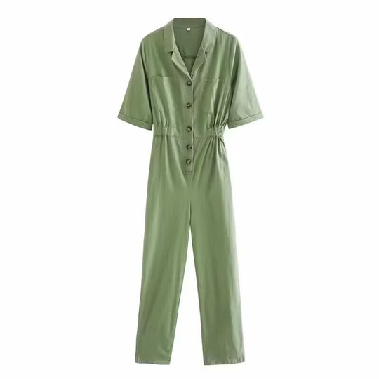 Damen Jumpsuit mit taillierter Elastikbund und praktischen Knopfdetails Fudus