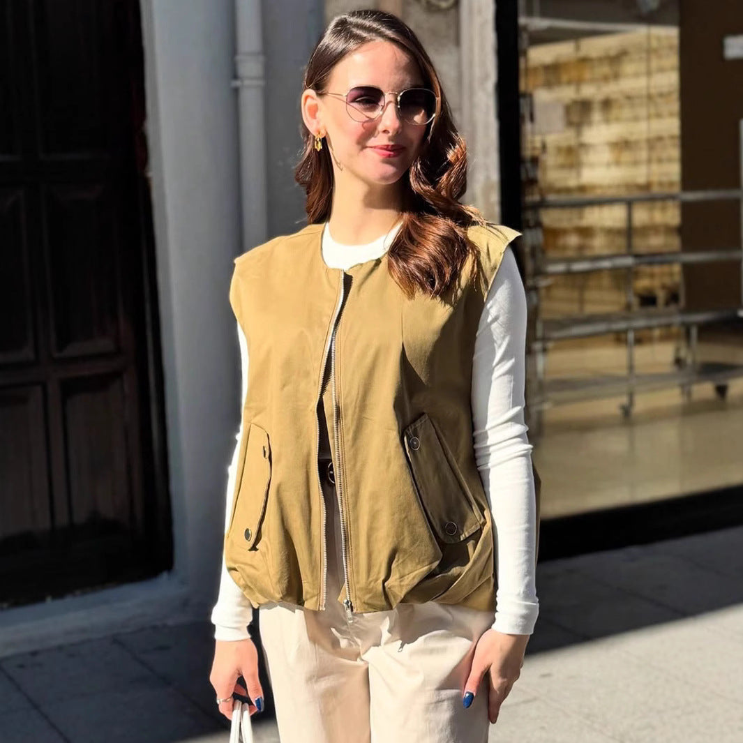 Damen lässige Jacke mit elastischem Saum und praktischen Taschen Fudus