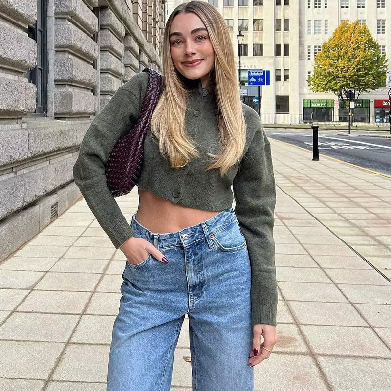 Damen Kurzpullover mit knopfbeschichtetem Design Fudus