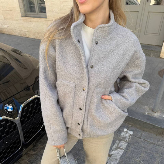 Damen kuschelige Fleecejacke mit Druckknöpfen und großen Taschen Fudus