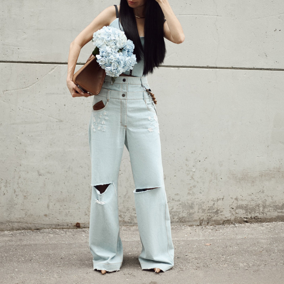 Damen lässige High-Waist Jeans mit einzigartigen Riss-Details und lockerer Passform Fudus