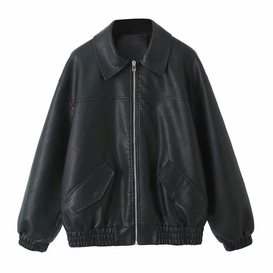 Damen lässige Lederjacke mit elastischem Saum und praktischen Taschen Fudus
