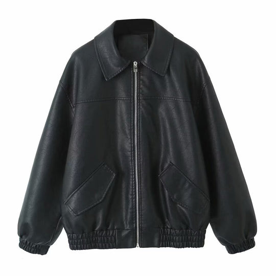 Damen lässige Lederjacke mit elastischem Saum und praktischen Taschen Fudus