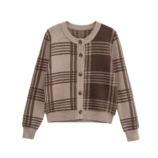 Damen Karierte Strickjacke mit Knopfleiste und Rundhalsausschnitt Fudus