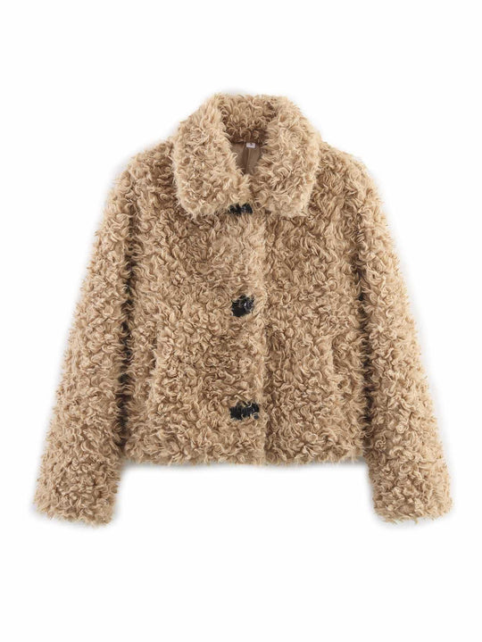 Damen Kunstfelljacke im lässigen Design mit großen Knöpfen Fudus