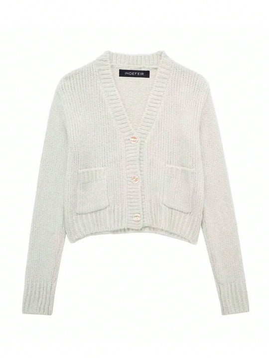 Damen kuschelige Strickjacke mit tiefem V-Ausschnitt und praktischen Taschen Fudus