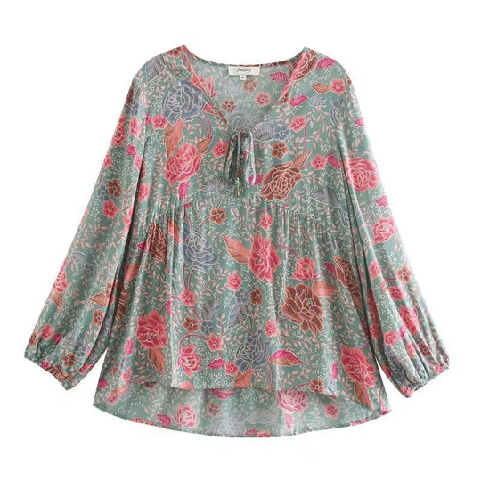 Damen Langarmbluse mit floralem Muster und Raffung Fudus