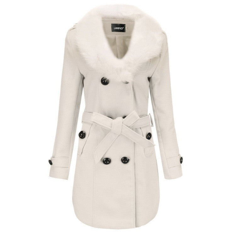 Damen modischer Mantel mit abnehmbarem Kunstfellkragen und eleganter Taillierung Fudus
