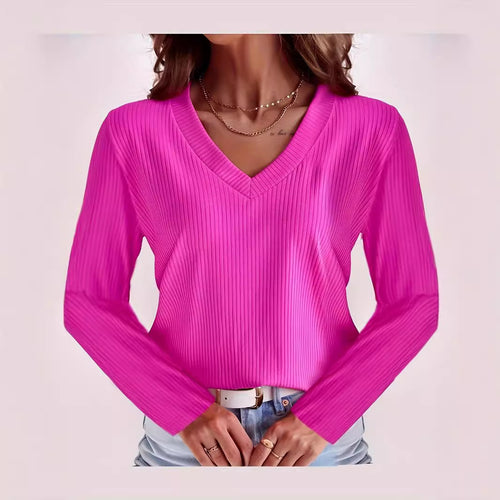 Damen Langärmliges V-Ausschnitt Oberteil mit Rippstruktur Fudus