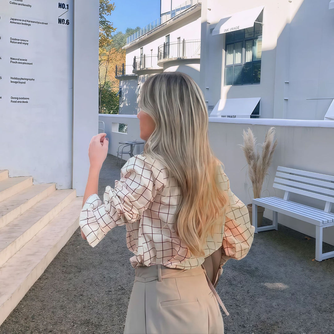 Damen Karierte Bluse mit eleganten Rüschendetails Fudus