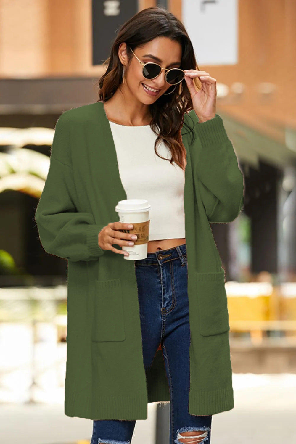 Damen langärmeliger Cardigan mit offenen Fronten und tiefen Taschen Fudus