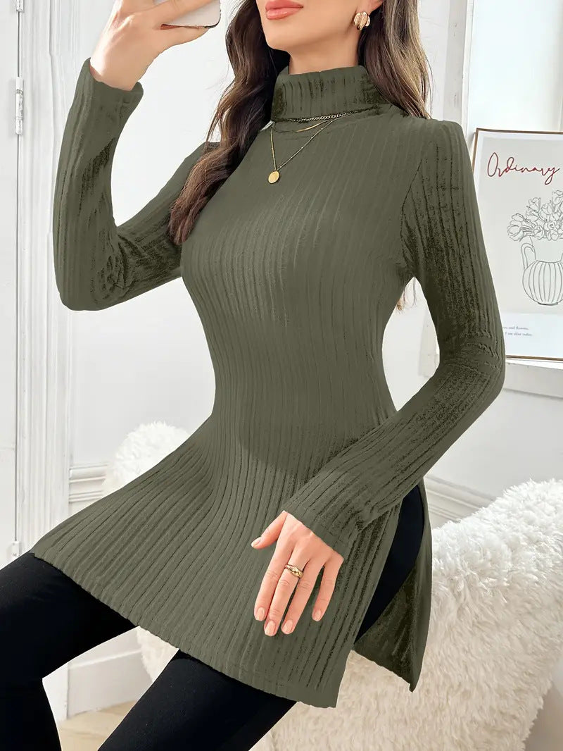 Damen langer Pullover mit Stehkragen und seitlichen Schlitzen Fudus