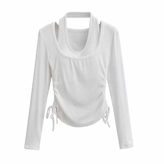 Damen langärmeliges Oberteil mit dekorativem Knoten Fudus